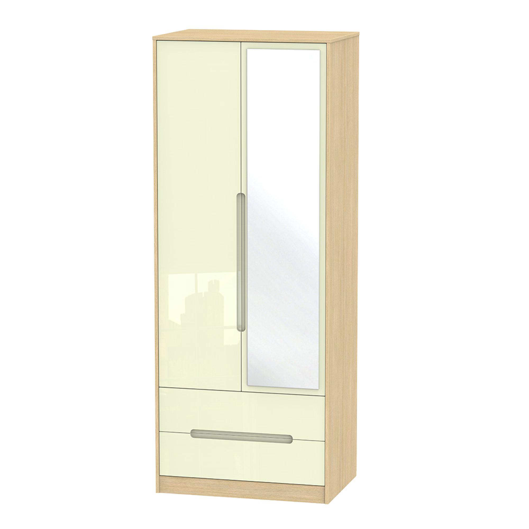 Monaco Wardrobe - 2 Door - 1 Mirror - Tall - Combi - Cream Gloss and Light Oak
