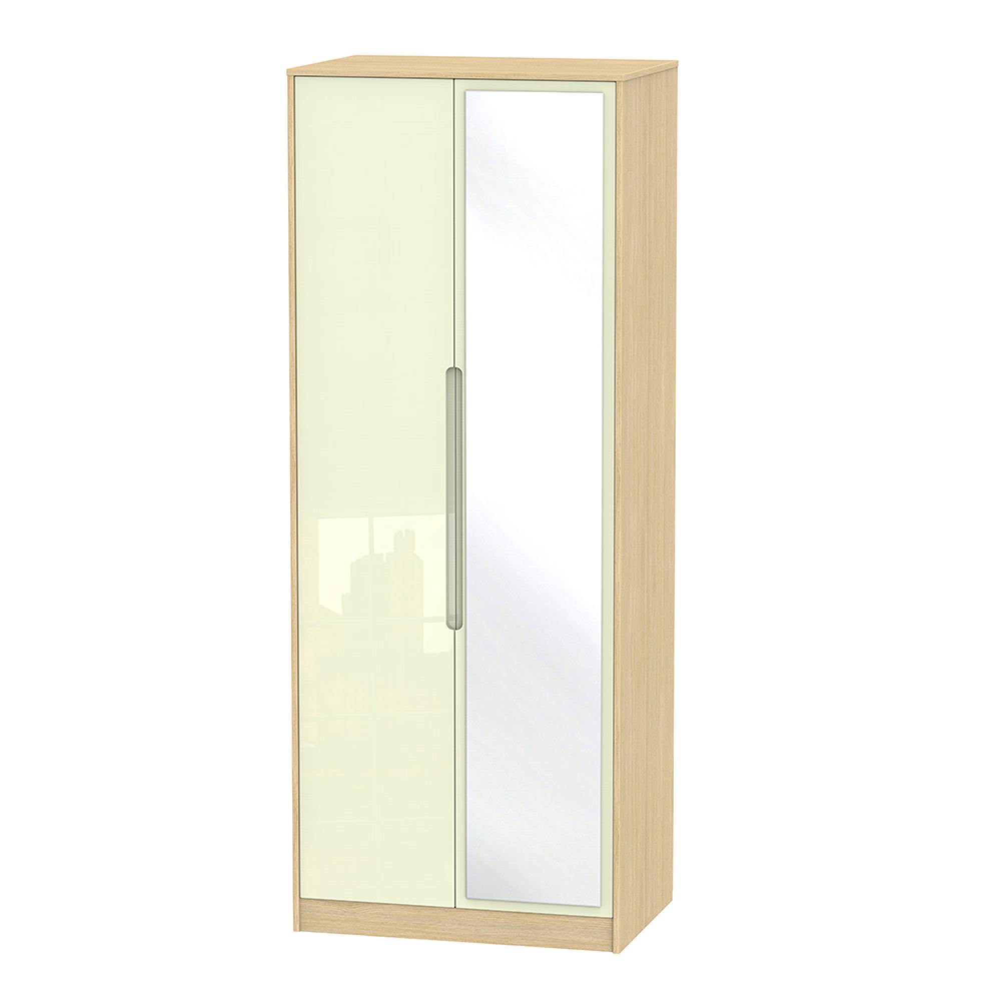 Monaco Wardrobe - 2 Door - 1 Mirror - Tall - Cream Gloss and Light Oak