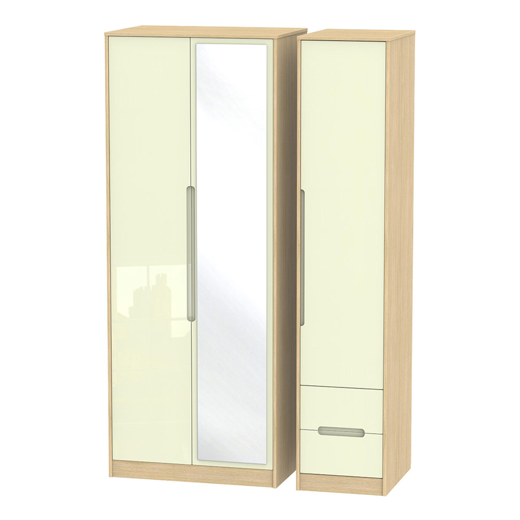 Monaco Wardrobe - 3 Door - 1 Mirror - RHF 2 Drawers - Tall - Combi - Cream Gloss and Light Oak