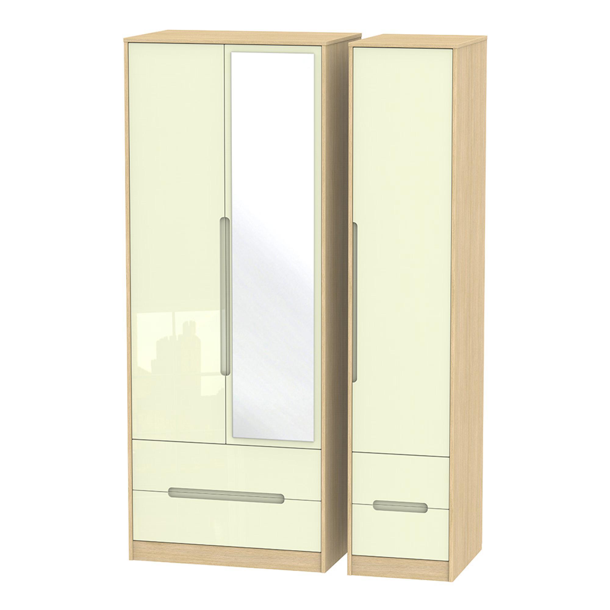 Monaco Wardrobe - 3 Door - 1 Mirror - Tall - Combi - Cream Gloss and Light Oak