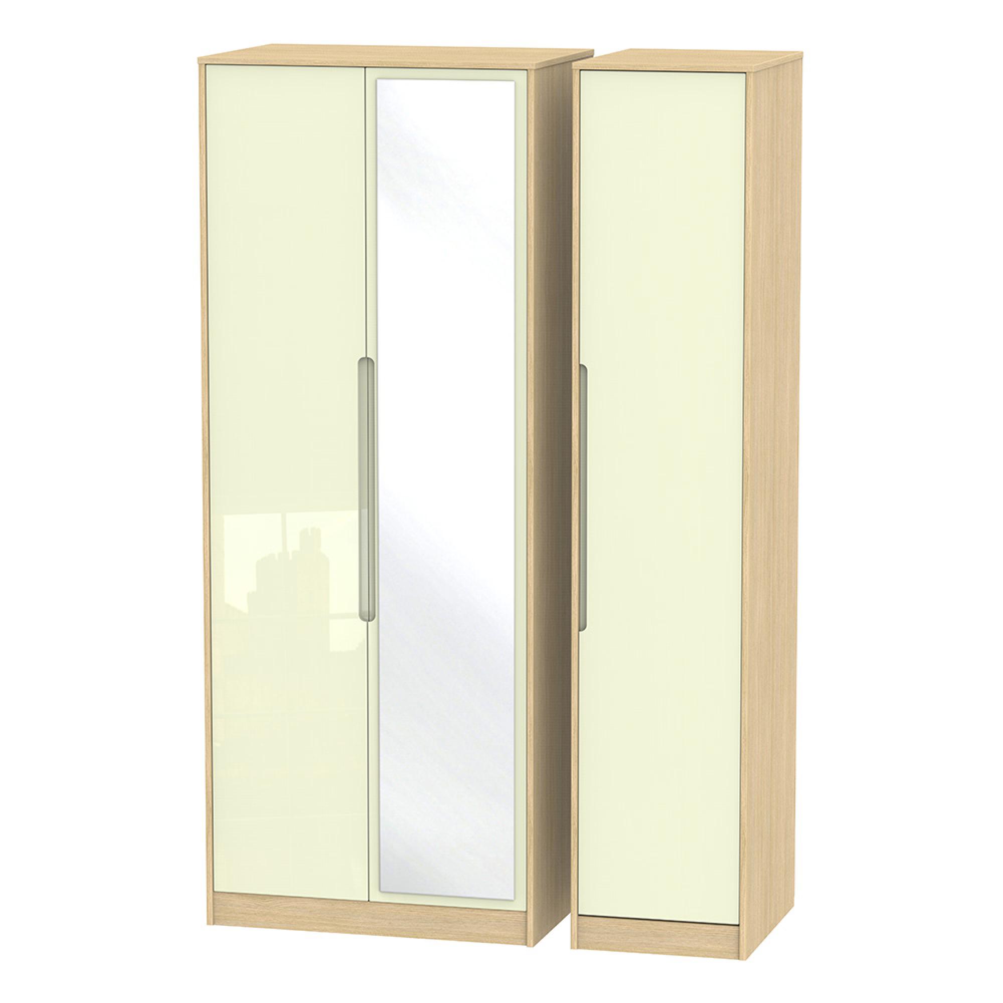 Monaco Wardrobe - 3 Door - 1 Mirror - Tall - Triple - Cream Gloss and Light Oak