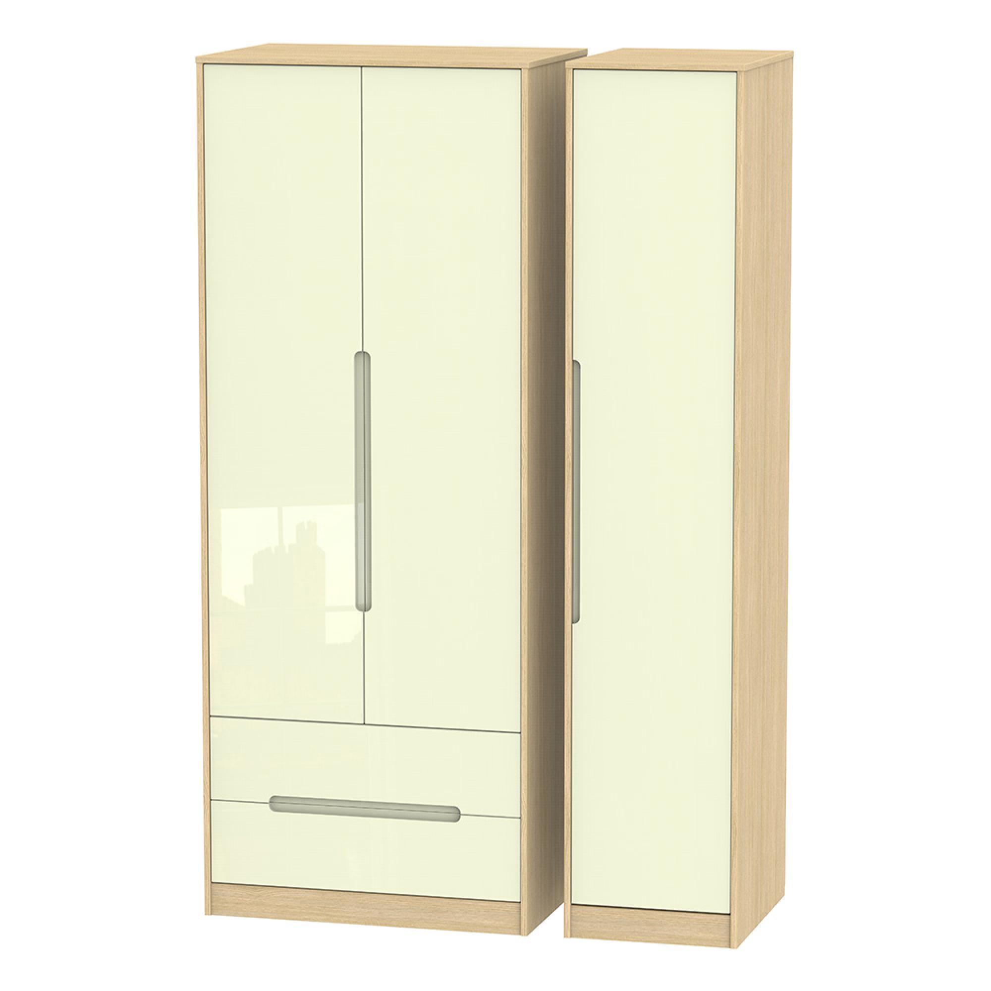 Monaco Wardrobe - 3 Door - LHF 2 Drawers - Tall - Triple - Cream Gloss and Light Oak