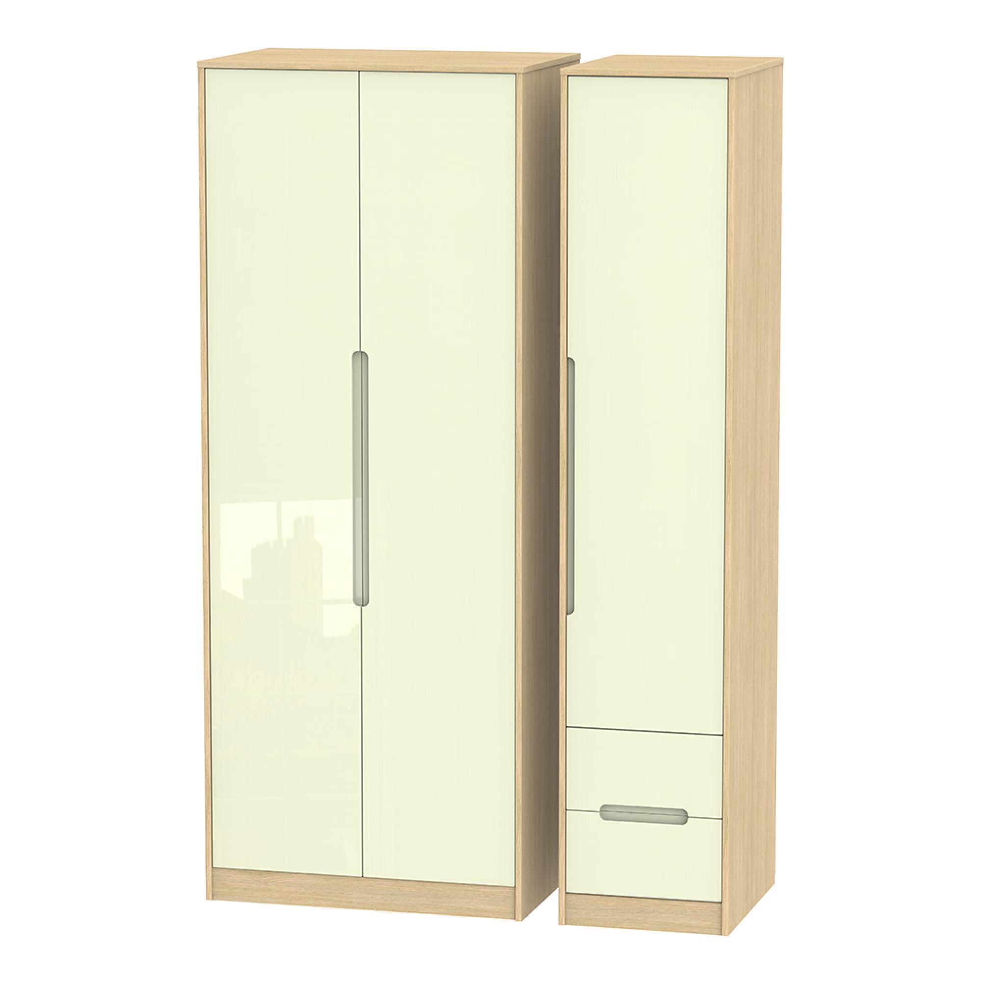 Monaco Wardrobe - 3 Door - RHF 2 Drawers - Tall - Triple - Cream Gloss and Light Oak