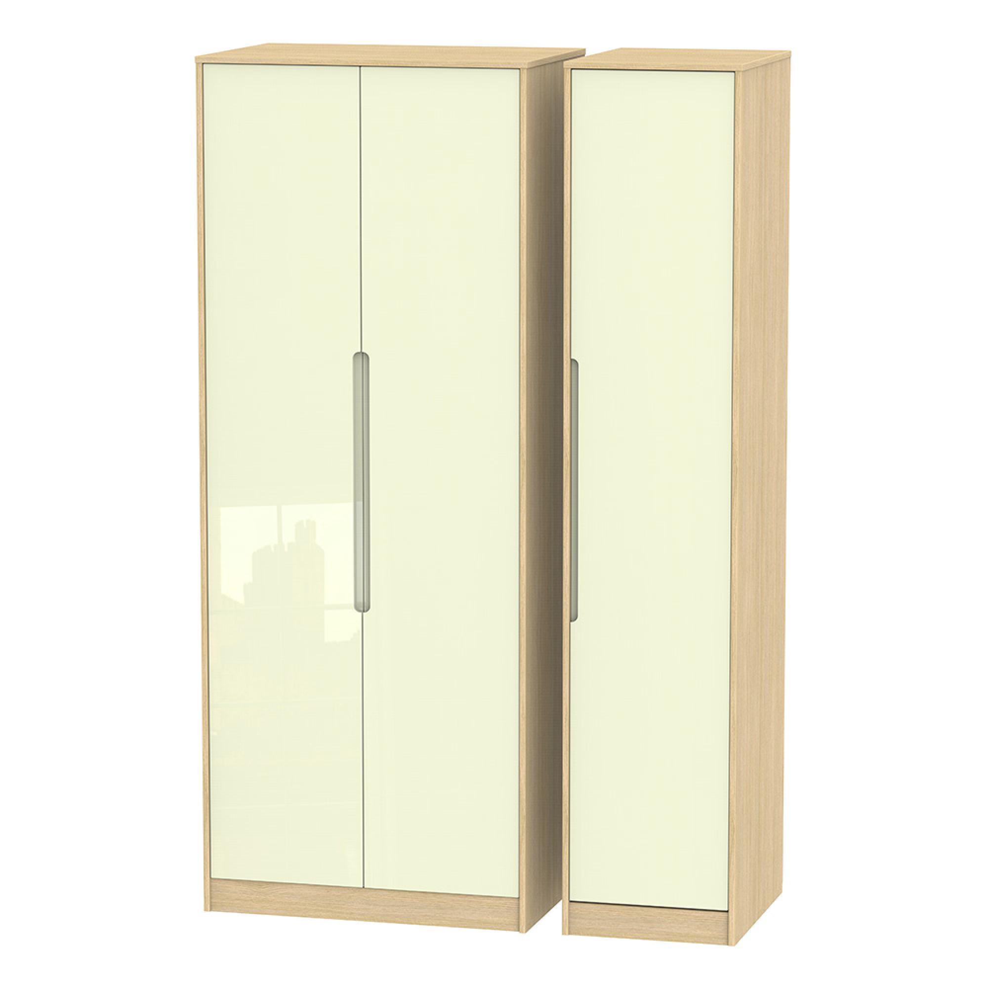 Monaco Wardrobe - 3 Door - Tall - Triple - Cream Gloss and Light Oak
