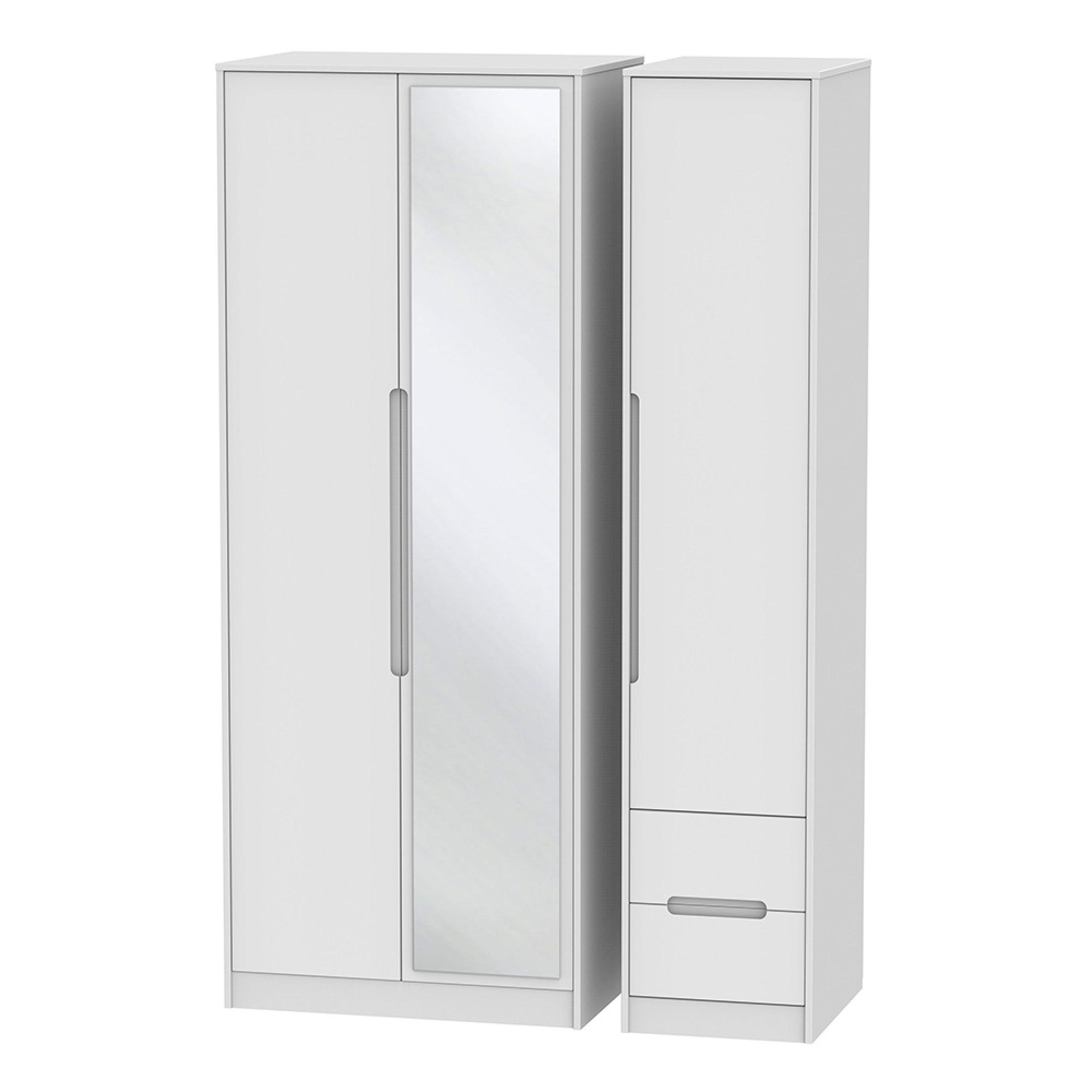 Monaco Wardrobe - 3 Door - 1 Mirror - RHF 2 Drawer - Tall - Combi - White