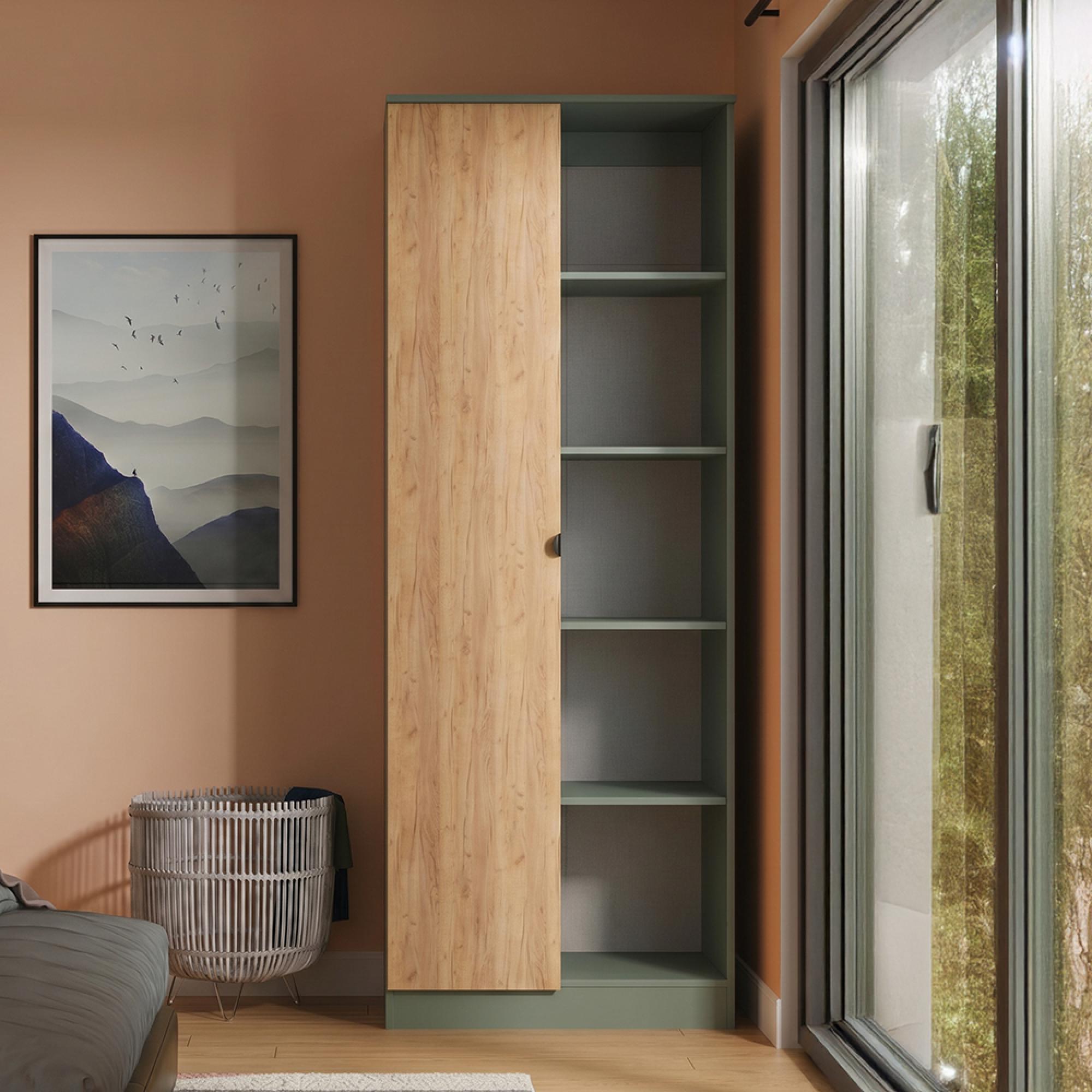 Bora Wardrobe - 1 Door - Tall - Gold Craft Oak and Reed Green