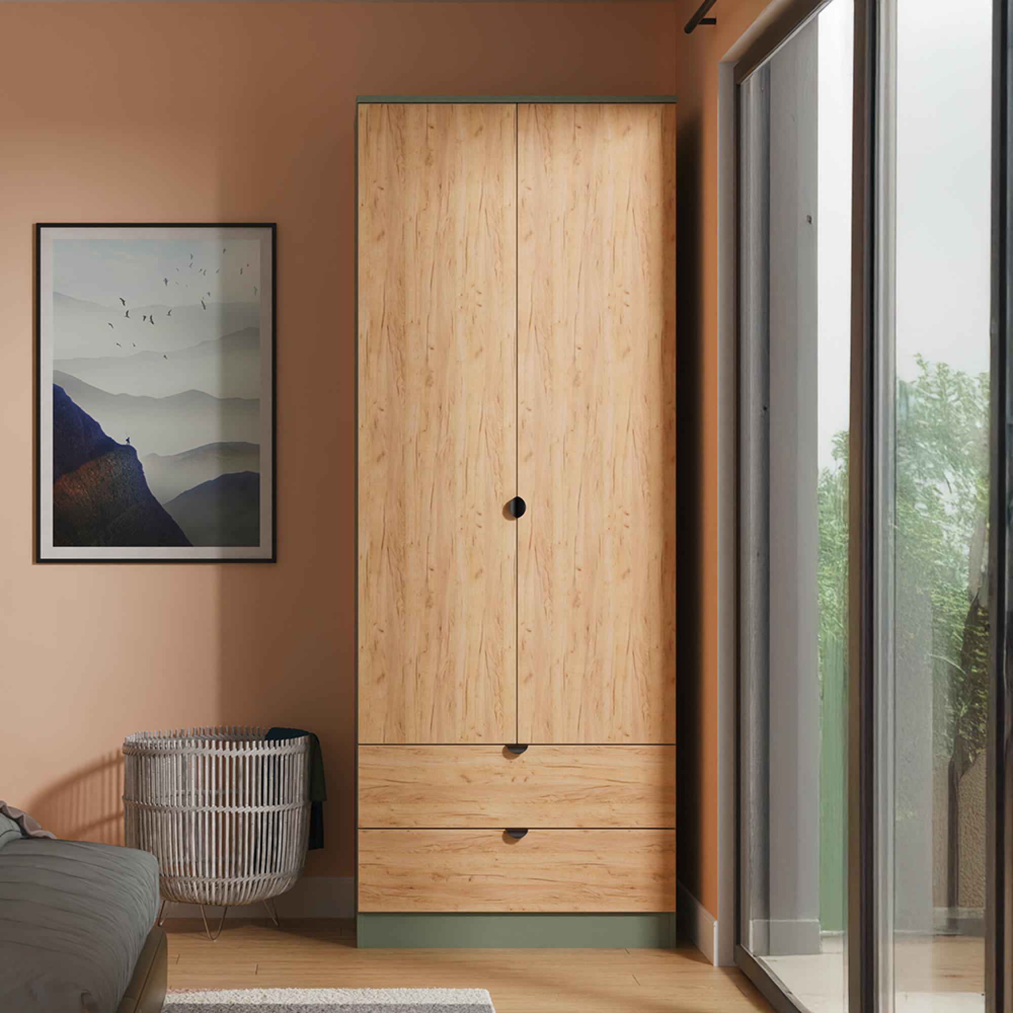 Bora Wardrobe - 2 Door - 2 Drawer - Tall - Gold Craft Oak and Reed Green