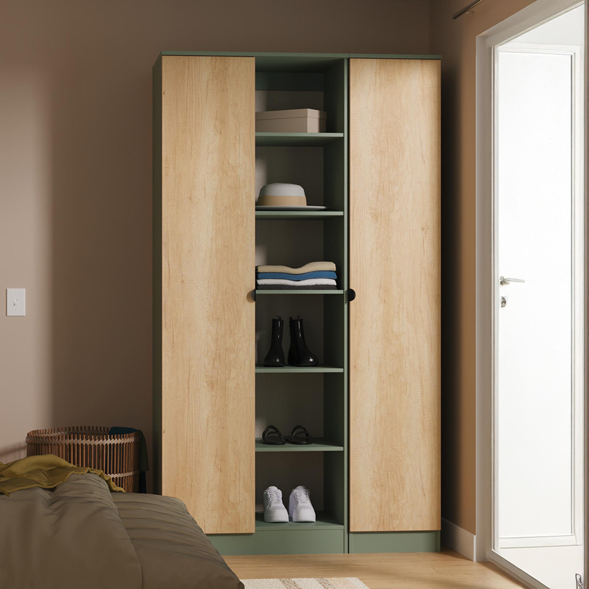 Bora Wardrobe - 2 Door - Gold Craft Oak and Reed Green