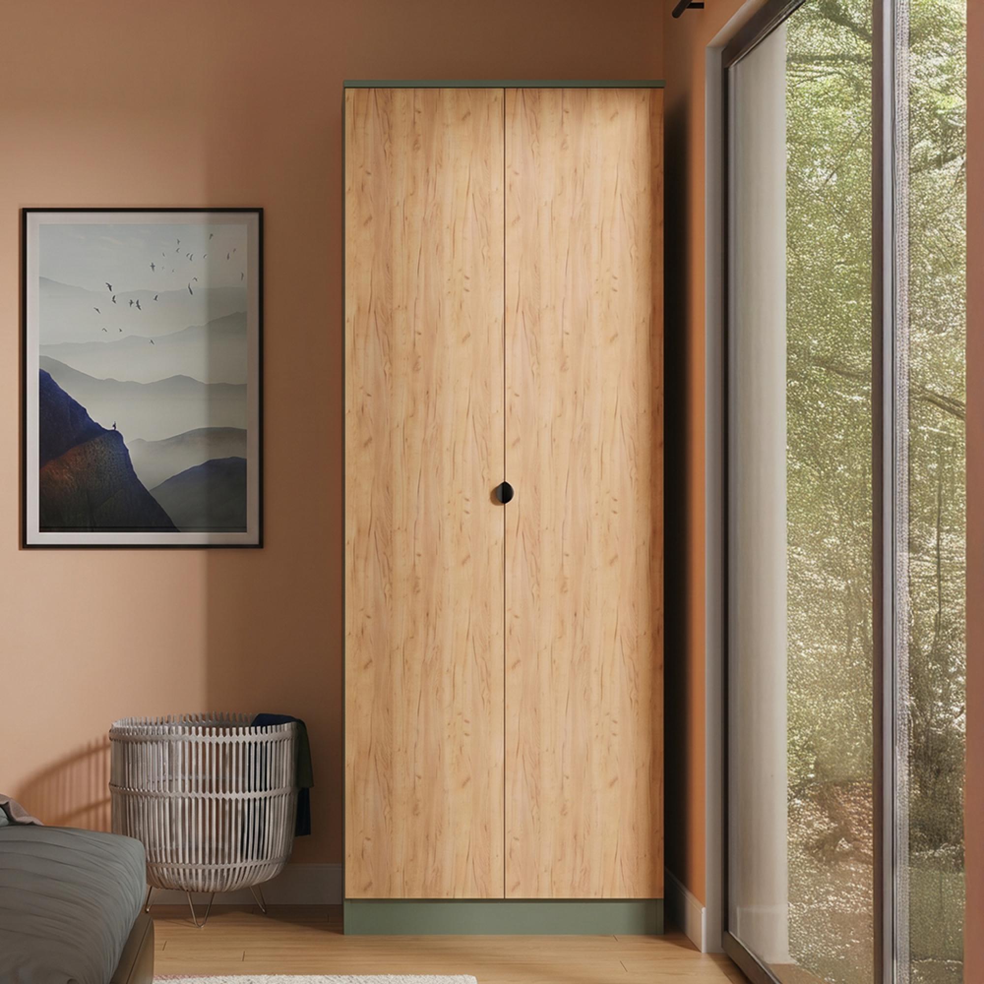 Bora Wardrobe - 2 Door - Tall - Gold Craft Oak and Reed Green