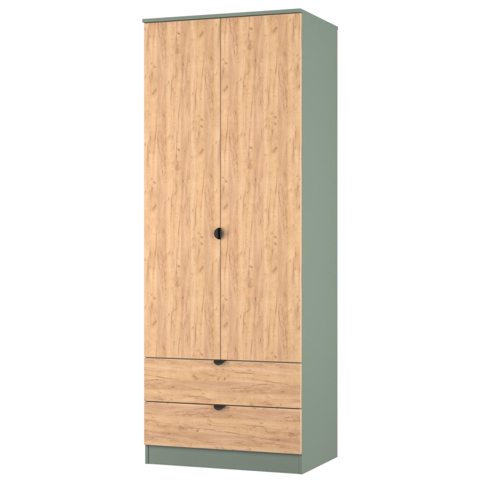 Bora Wardrobe - 2 Door - 2 Drawer - Tall - Gold Craft Oak and Reed Green