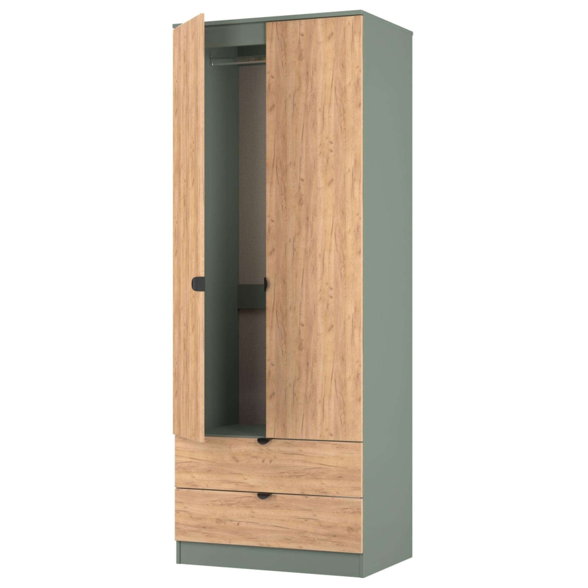 Bora Wardrobe - 2 Door - 2 Drawer - Tall - Gold Craft Oak and Reed Green