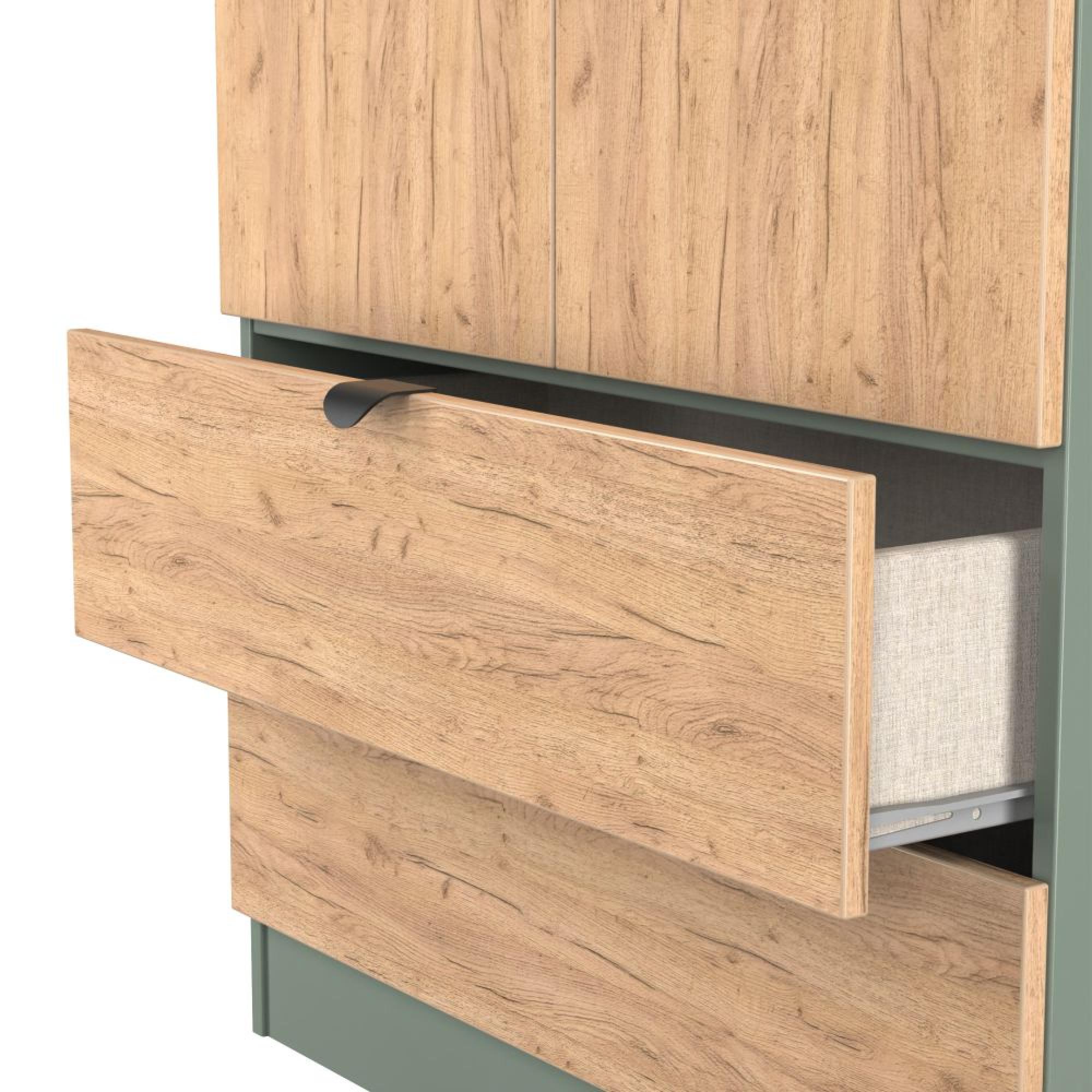 Bora Wardrobe - 2 Door - 2 Drawer - Tall - Gold Craft Oak and Reed Green
