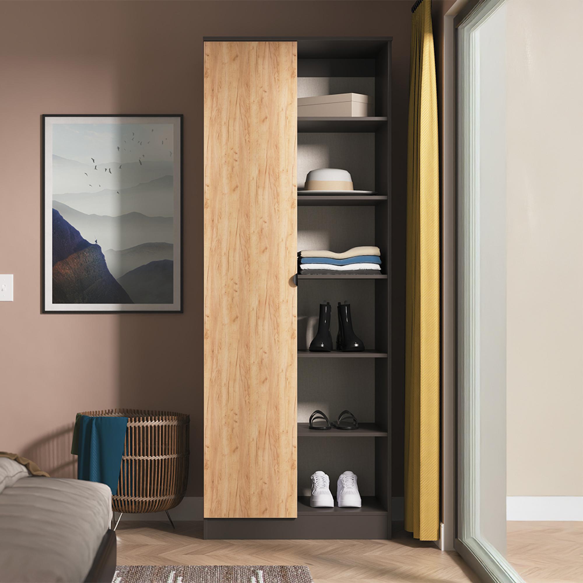 Bora Wardrobe - 1 Door - Tall - Gold Craft Oak and Graphite