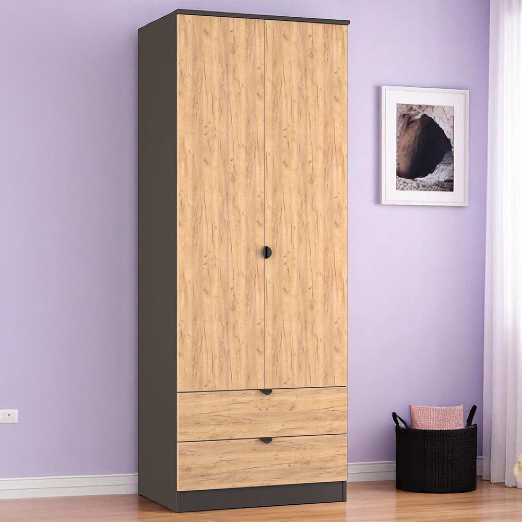 Bora Wardrobe - 2 Door - 2 Drawer - Tall - Gold Craft Oak and Graphite