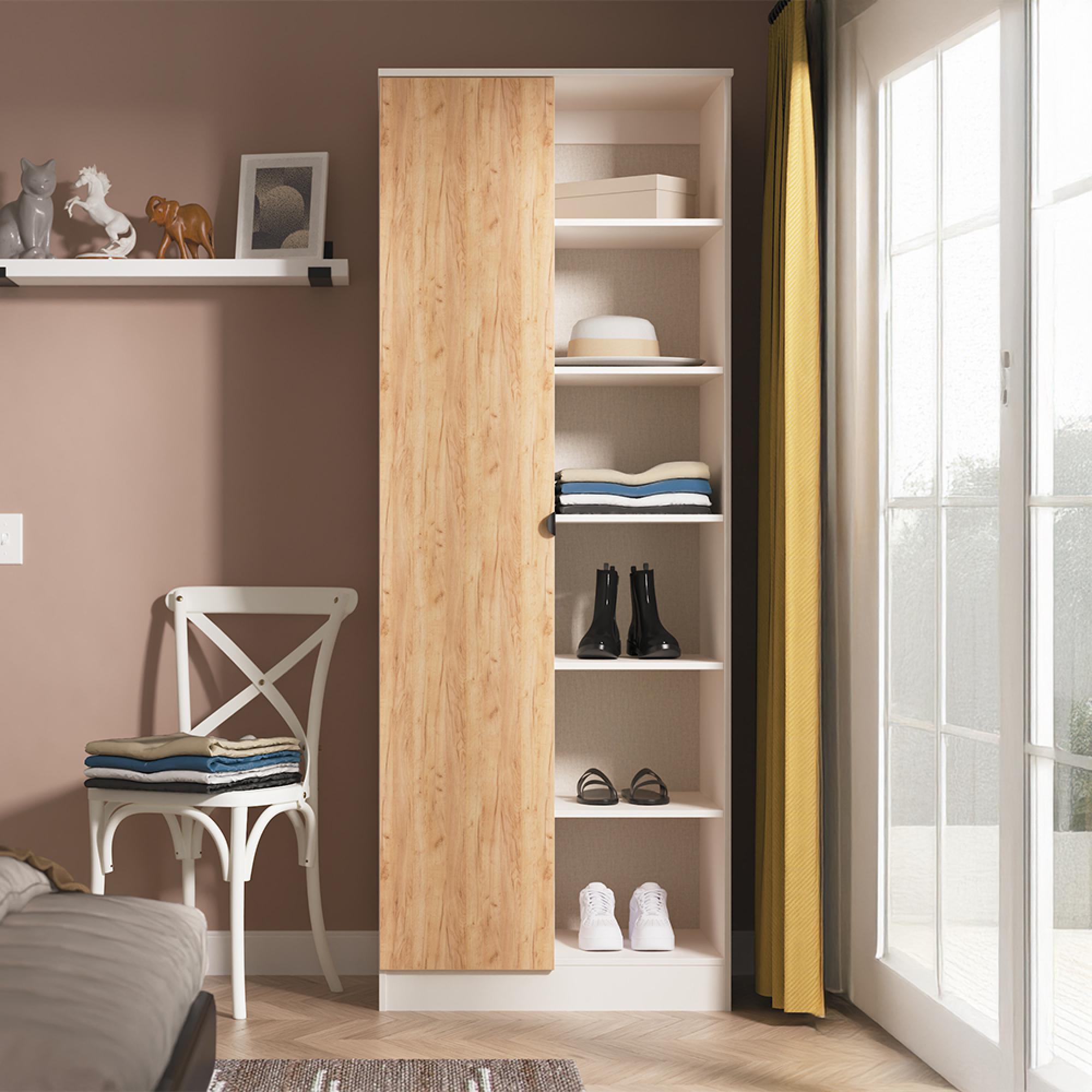 Bora Double Wardrobe - 1 Door - Open Shelf - Gold Craft Oak and Kashmir Matt