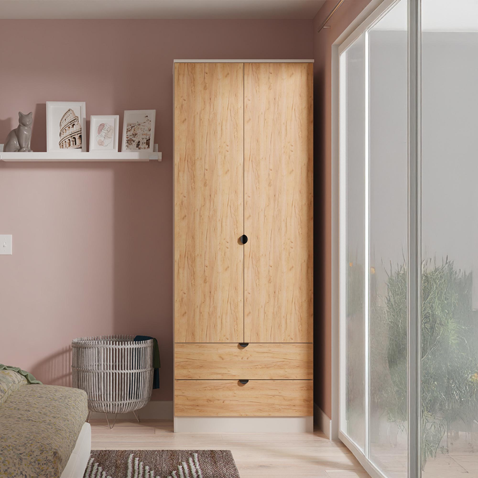 Bora Wardrobe - 2 Door - 2 Drawer - Gold Craft Oak and Kashmir Matt