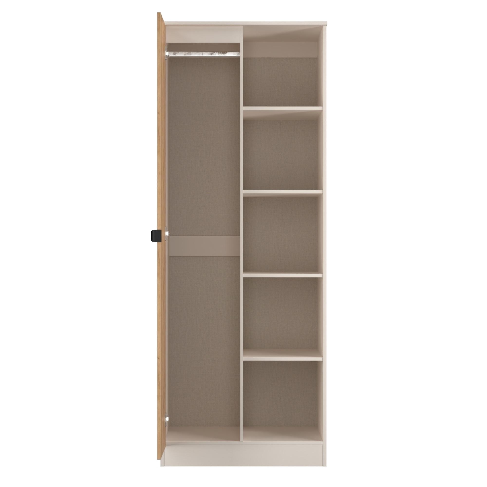 Bora Double Wardrobe - 1 Door - Open Shelf - Gold Craft Oak and Kashmir Matt