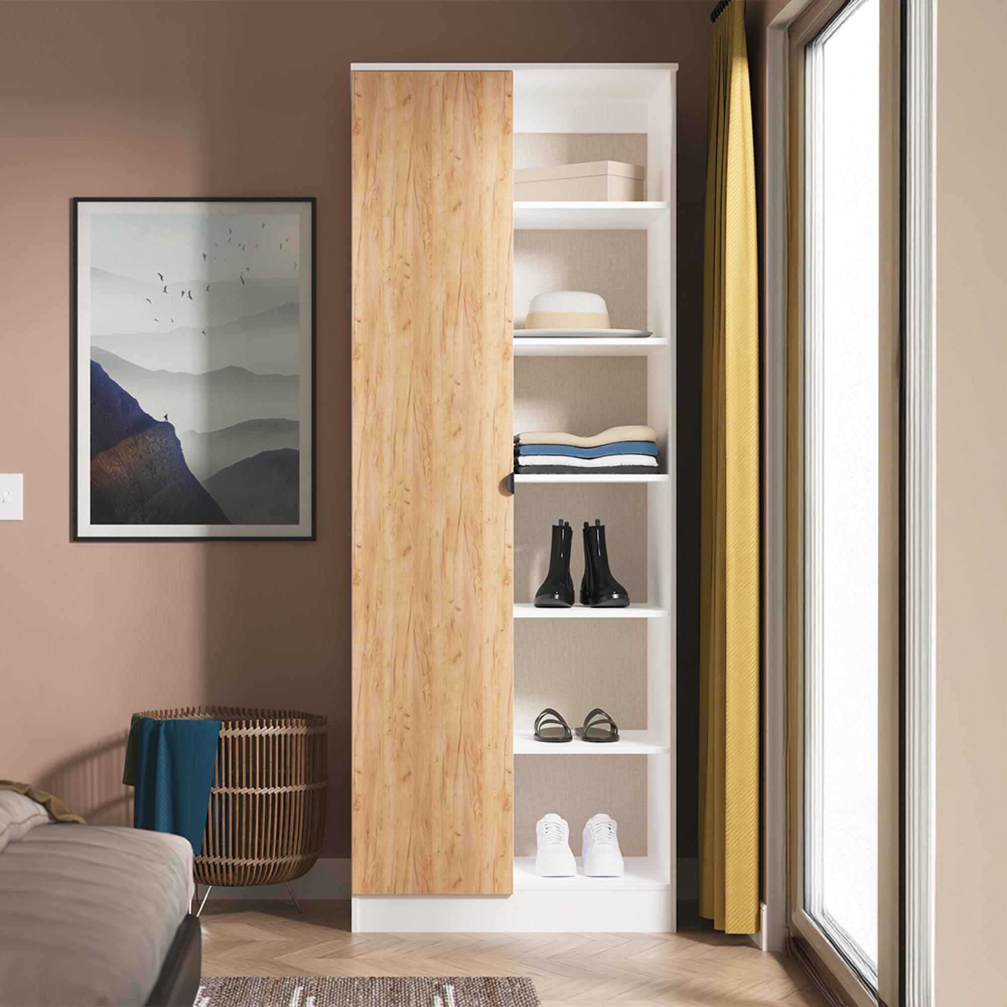 Bora Double Wardrobe - 1 Door - Open Shelf - Gold Craft Oak and White Matt