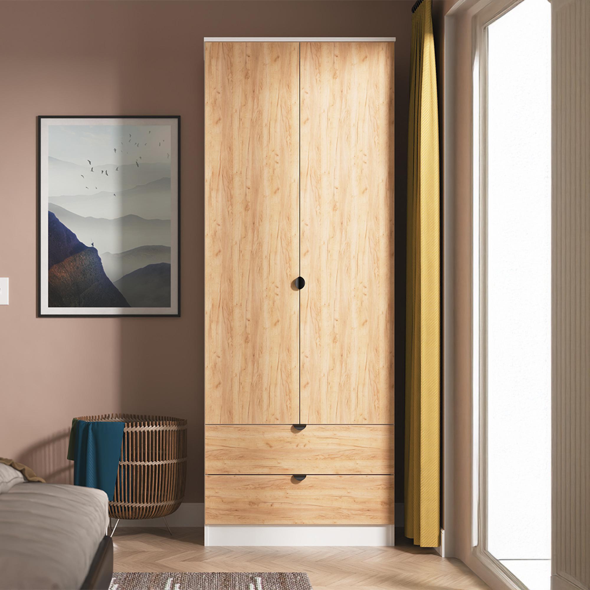 Bora Wardrobe - 2 Door - 2 Drawer - Gold Craft Oak and White Matt