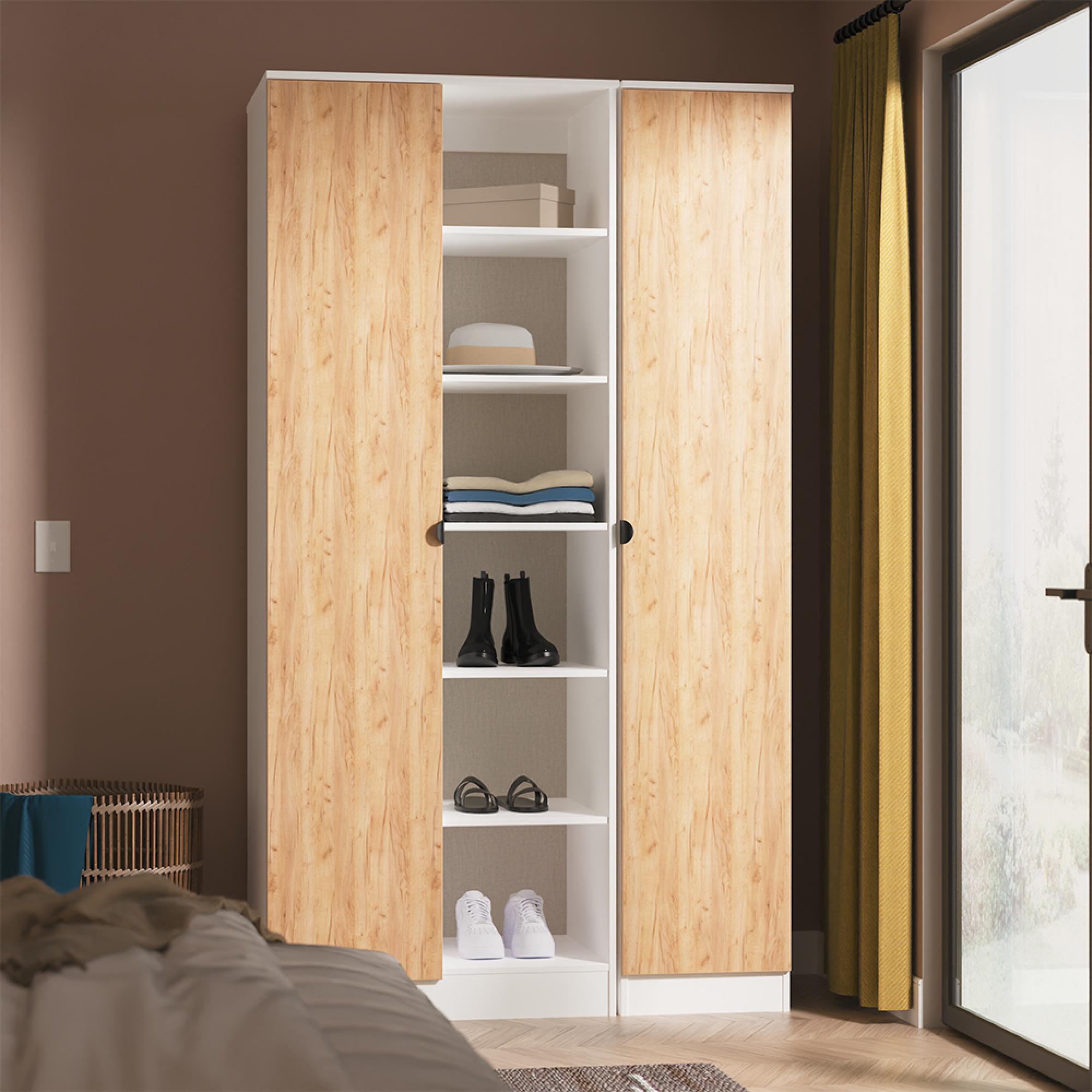 Bora Triple Wardrobe - 2 Door - Open Shelf - Gold Craft Oak and White Matt