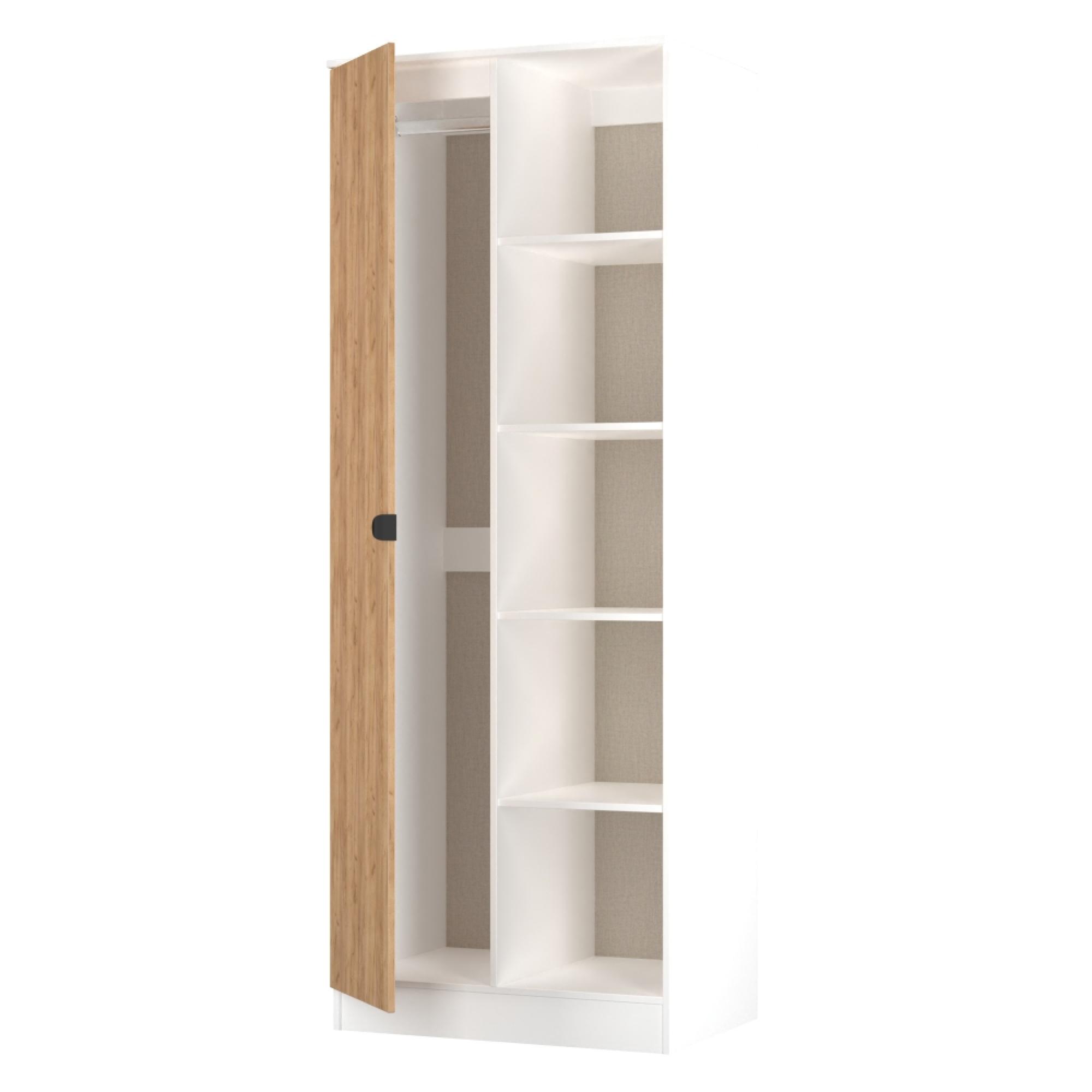Bora Double Wardrobe - 1 Door - Open Shelf - Gold Craft Oak and White Matt