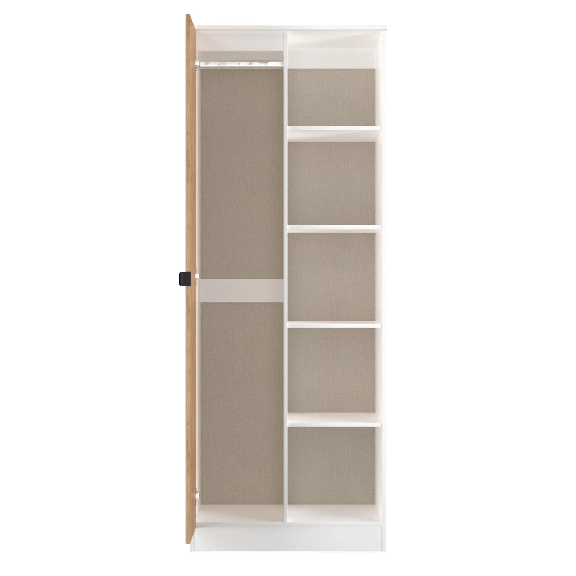 Bora Double Wardrobe - 1 Door - Open Shelf - Gold Craft Oak and White Matt