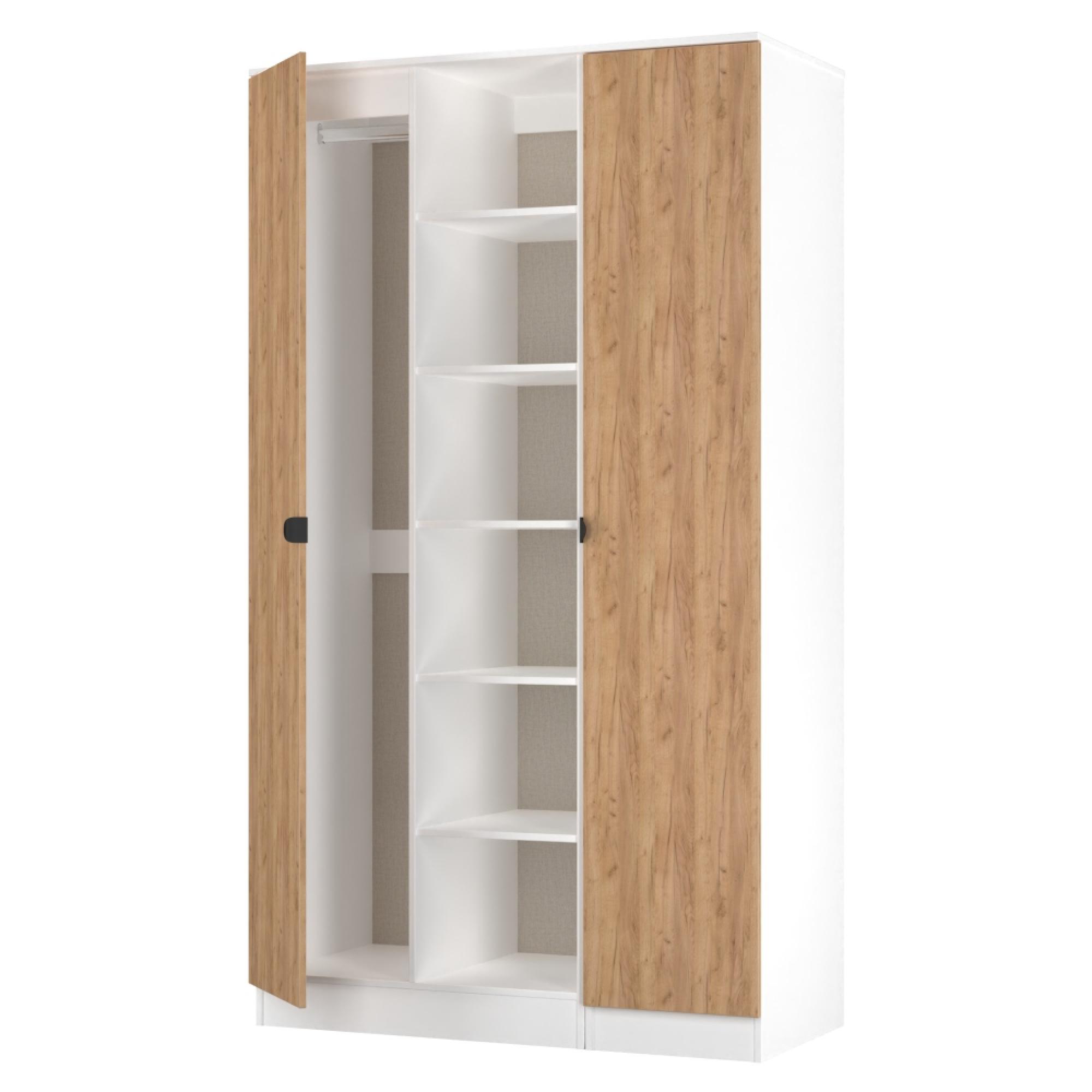Bora Triple Wardrobe - 2 Door - Open Shelf - Gold Craft Oak and White Matt