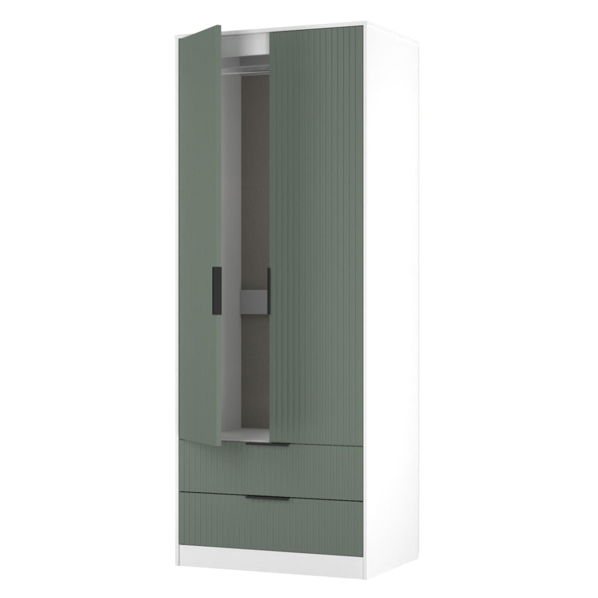 Fluted Wardrobe - 2 Door - 2 Drawer - Reed Green and White Matt