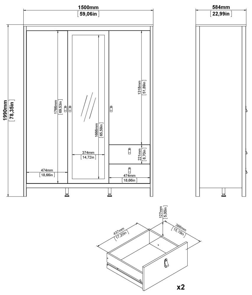 Barcelona Wardrobe - 3 Door - 2 Drawer - Combi - Black