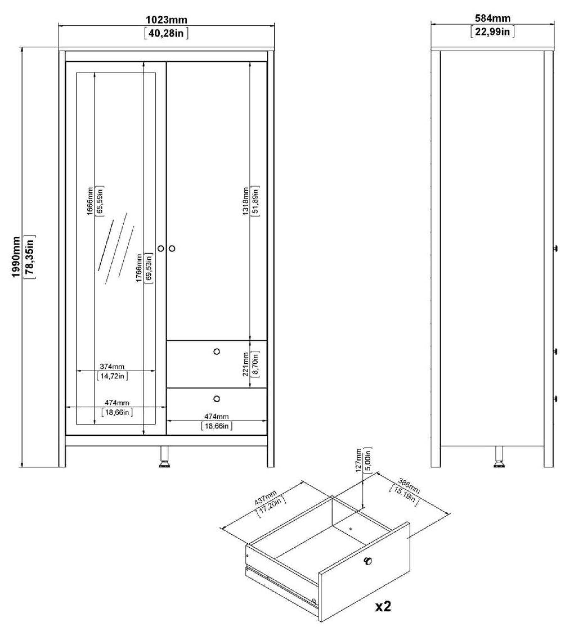 Barcelona Wardrobe - 2 Door - 2 Drawer - Combi - White