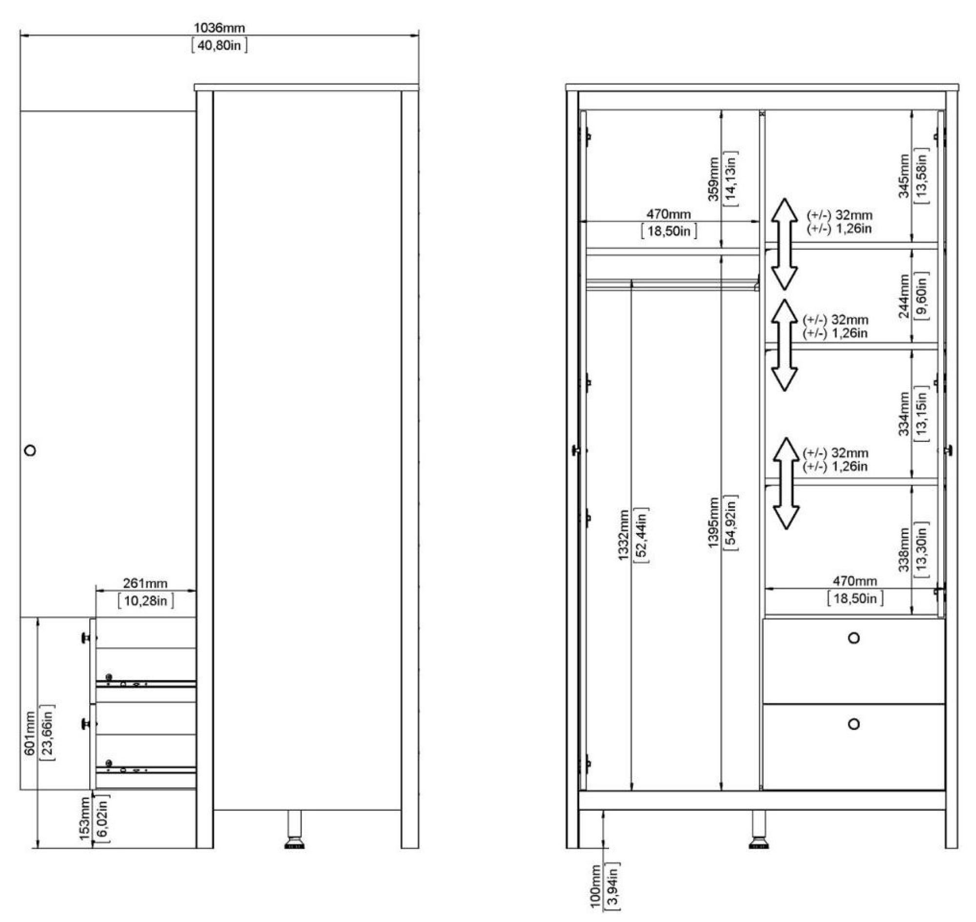 Barcelona Wardrobe - 2 Door - 2 Drawer - Combi - White