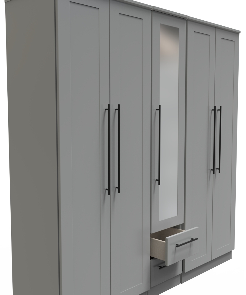 Beverley Wardrobe - 5 Door - Tall Mirror - Grey