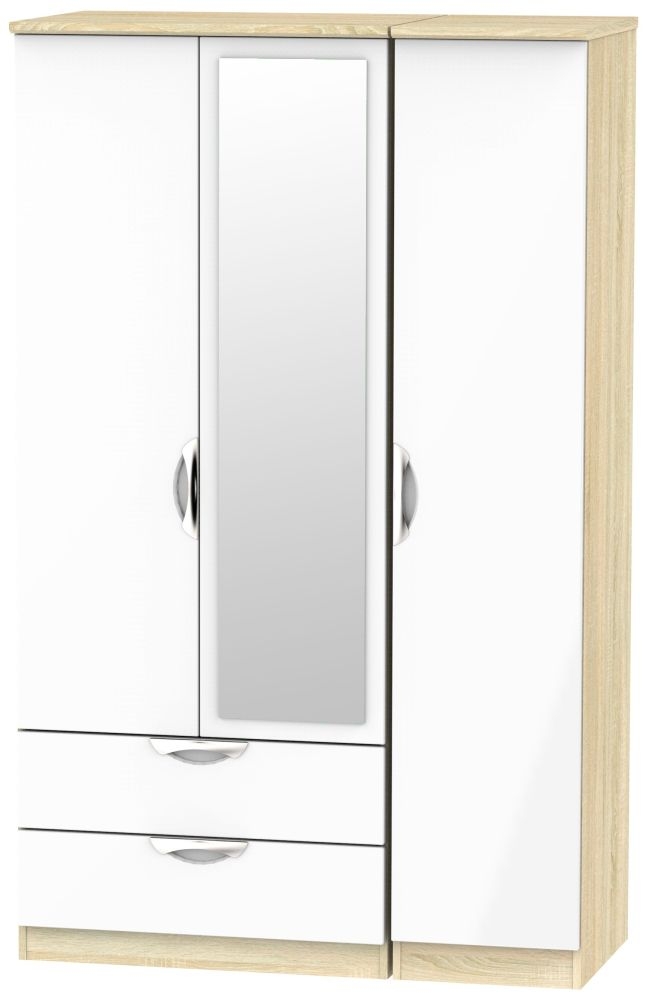 Camden White Gloss and Oak Effect 3 Door Combi Wardrobe - 1 Mirror and LHF 2 Drawers