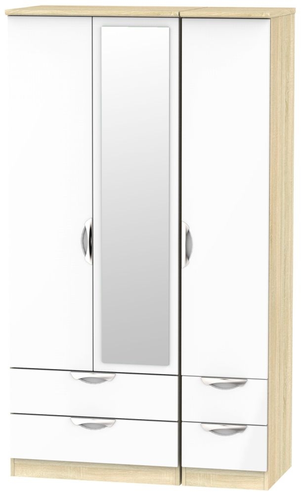 Camden White Gloss and Oak Effect 3 Door Tall Combi Wardrobe - 1 Mirror