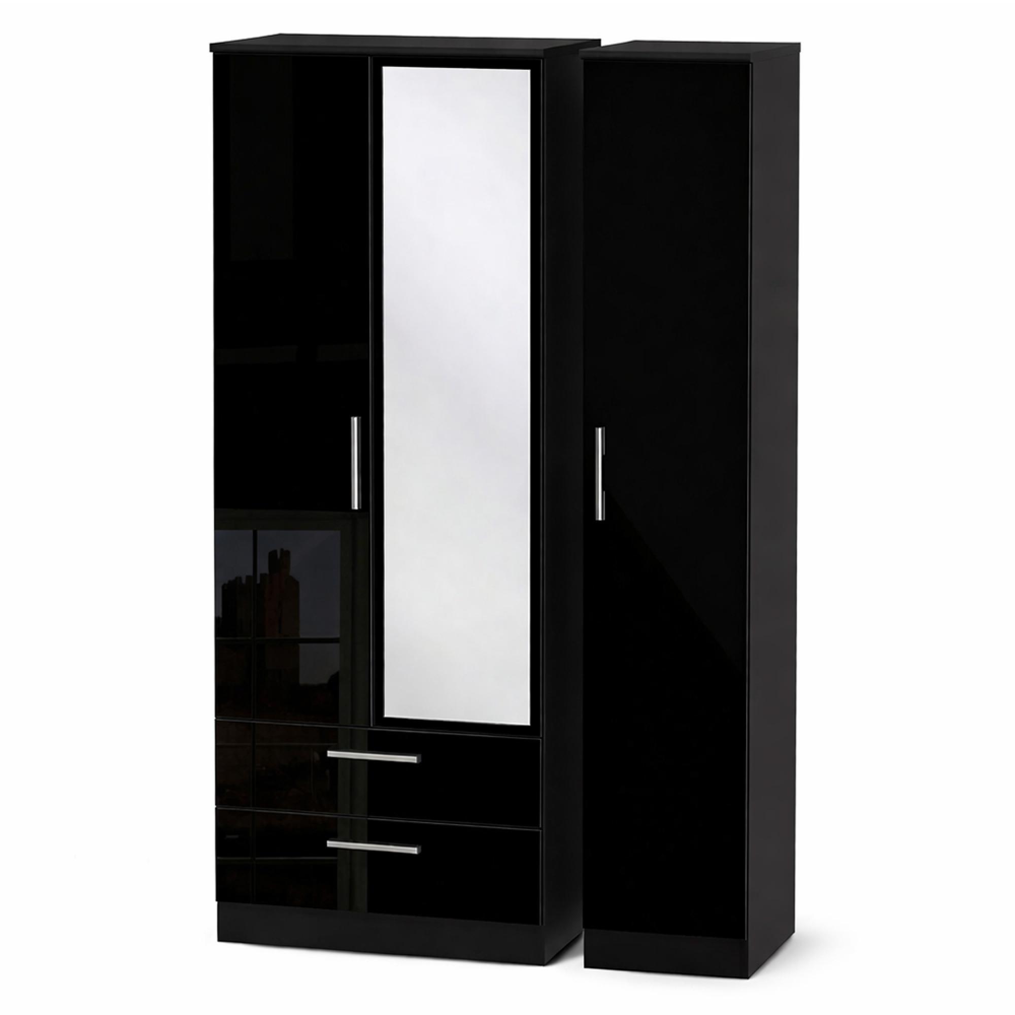 Clearance - Knightsbridge Wardrobe - 3 Door 2 Drawer - Combi - Black Gloss - P3