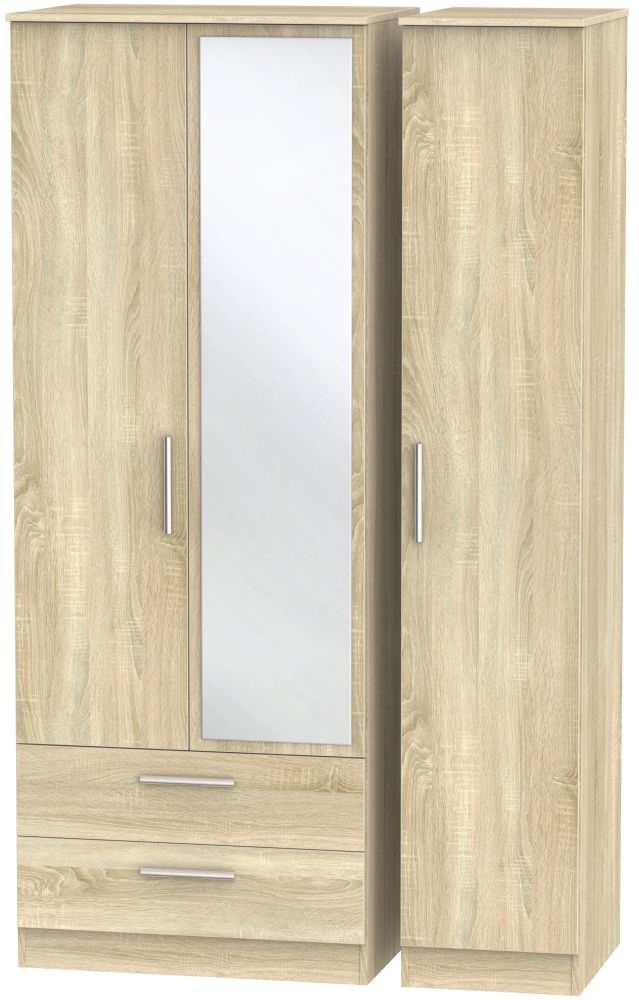 Contrast Oak Effect 3 Door Tall Combi Wardrobe - 1 Mirror and LHF 2 Drawers