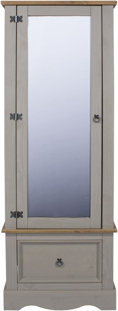 Corona Grey Mexican Pine Single Door Mirror Wardrobe with Drawer