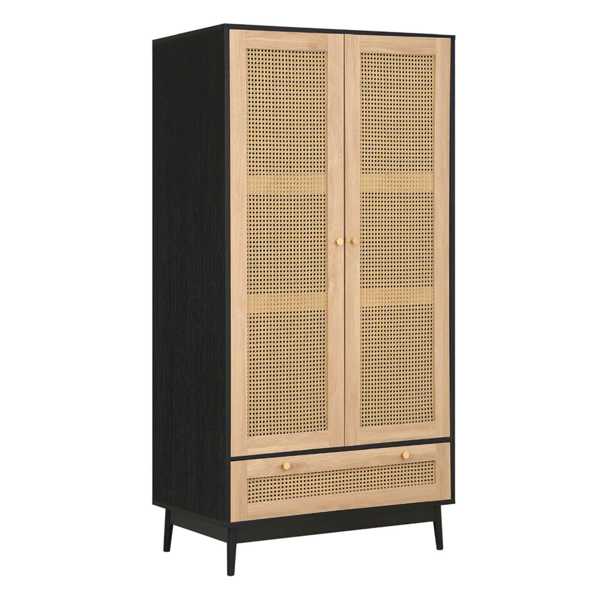 Croxley Wardrobe - 2 Door - 1 Drawer - Black and Rattan