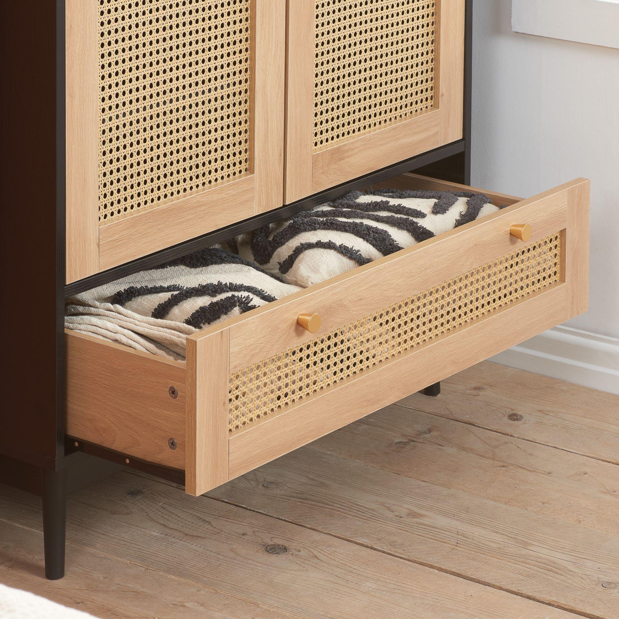 Croxley Wardrobe - 2 Door - 1 Drawer - Black and Rattan