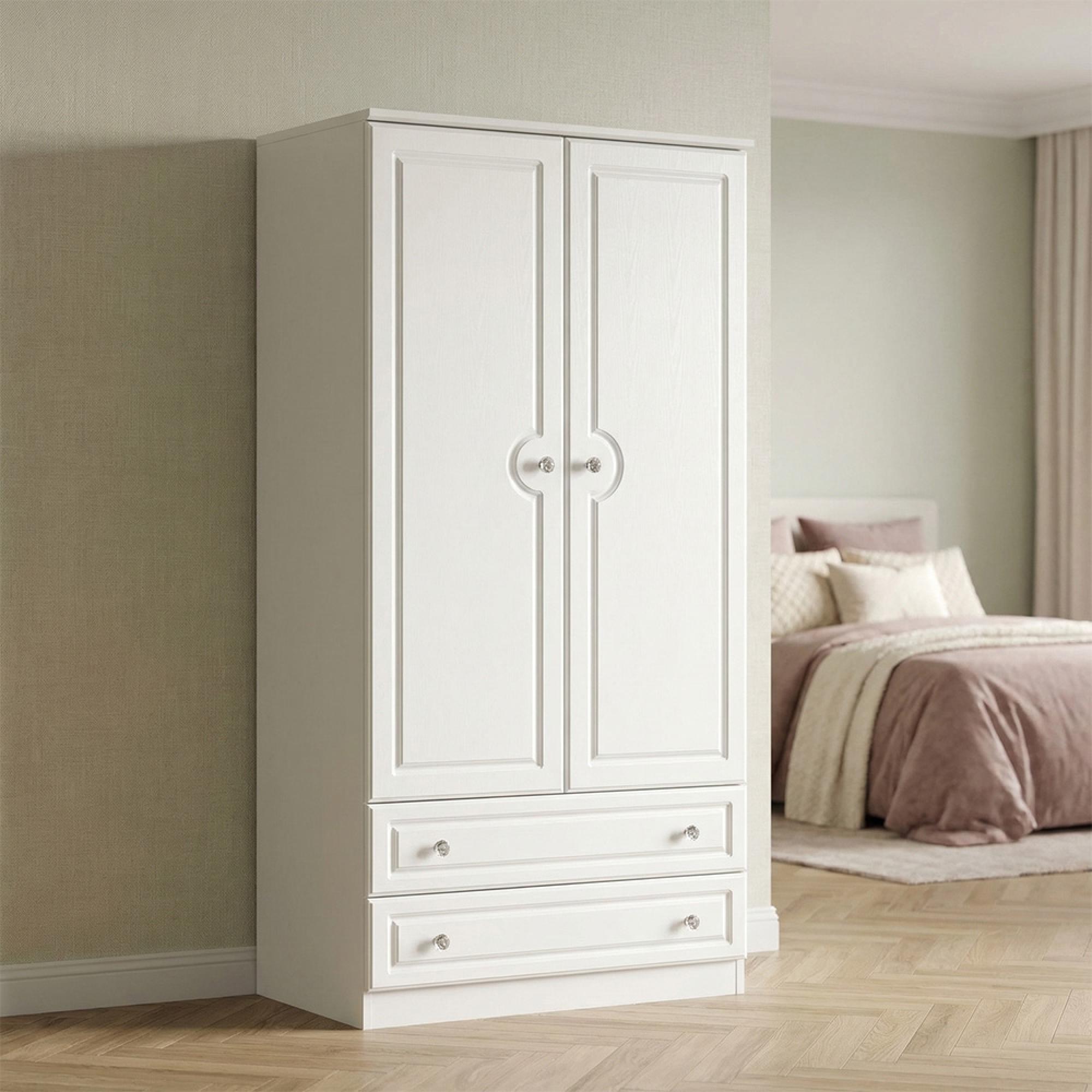Crystal Double Wardrobe - 2 Door - 2 Drawer - H 182.5cm - White