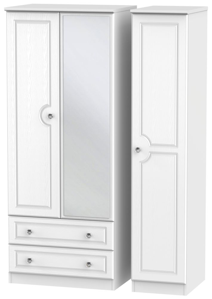 Crystal White 3 Door Combi Wardrobe - 1 Mirror and LHF 2 Drawers