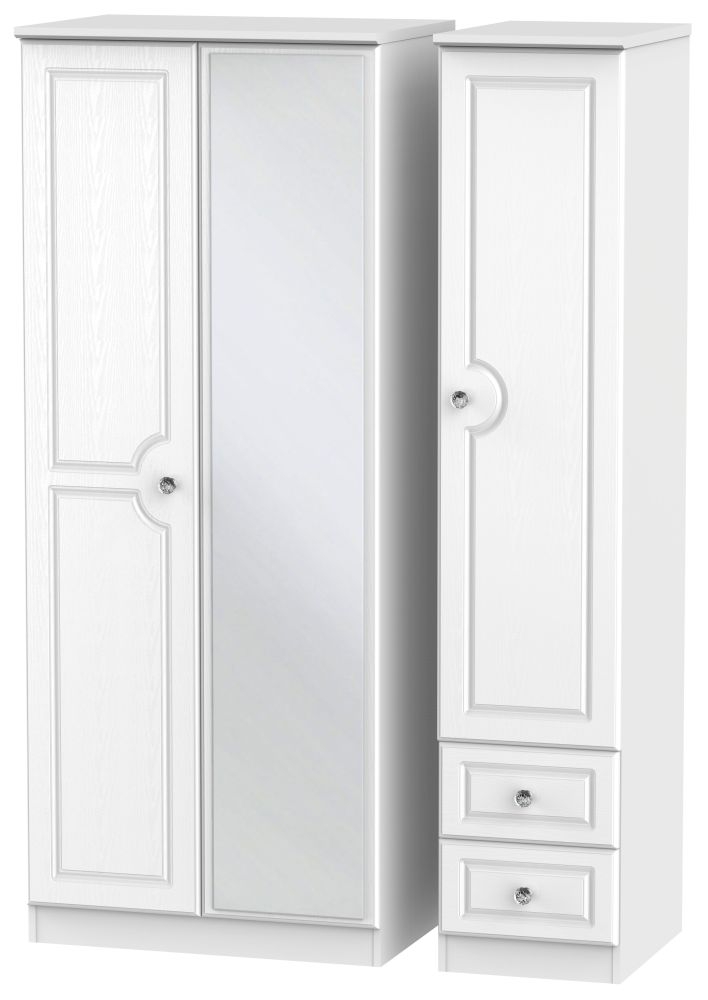 Crystal Combi Wardrobe - 3 Door - 1 Mirror - RHF 2 Drawers - White