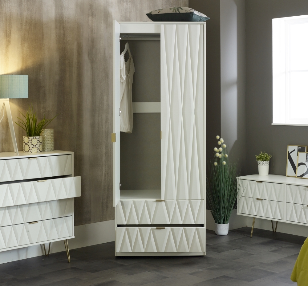 Diamond Tall Wardrobe - 2 Door - 2 Drawer - White