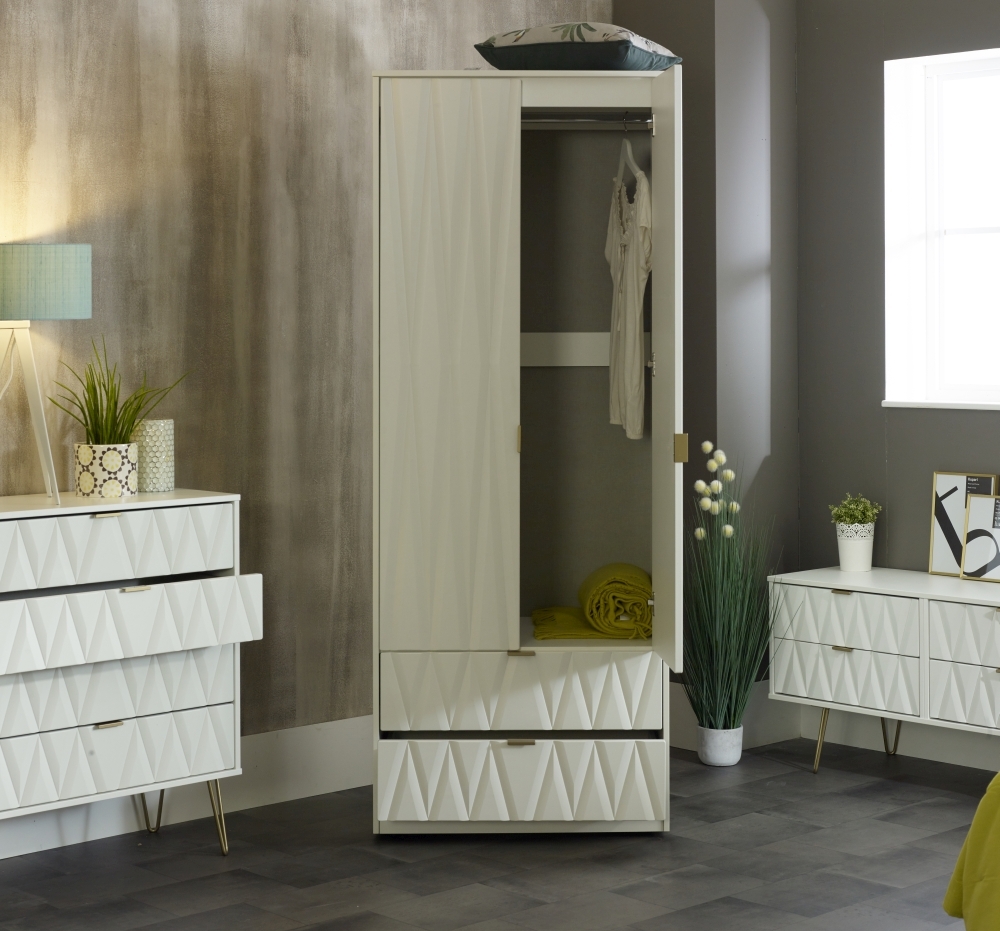 Diamond Tall Wardrobe - 2 Door - 2 Drawer - White