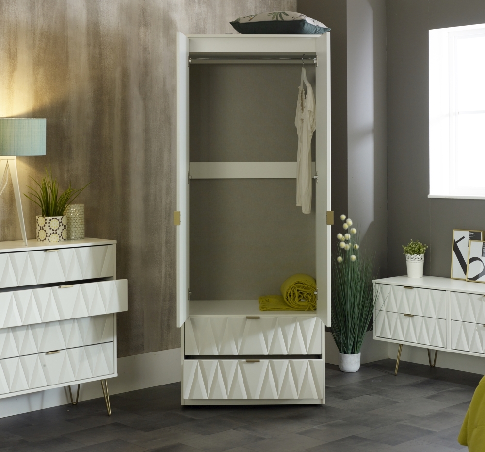 Diamond Tall Wardrobe - 2 Door - 2 Drawer - White