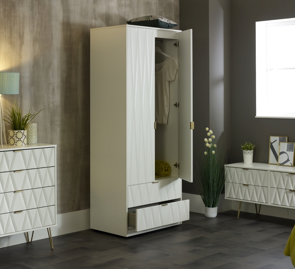 Diamond Tall Wardrobe - 2 Door - 2 Drawer - White