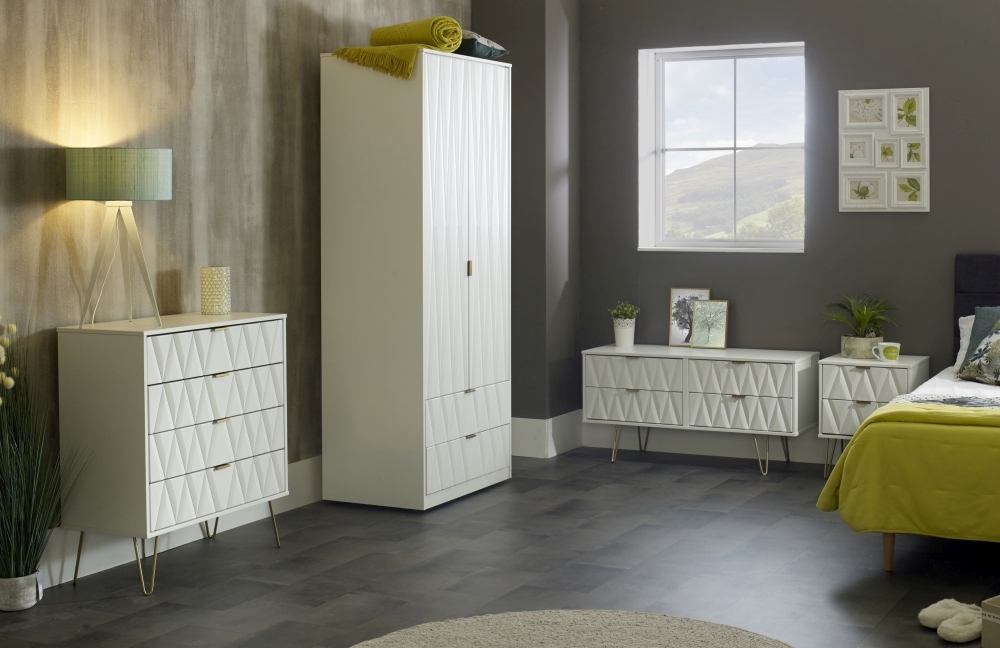 Diamond Tall Wardrobe - 2 Door - 2 Drawer - White