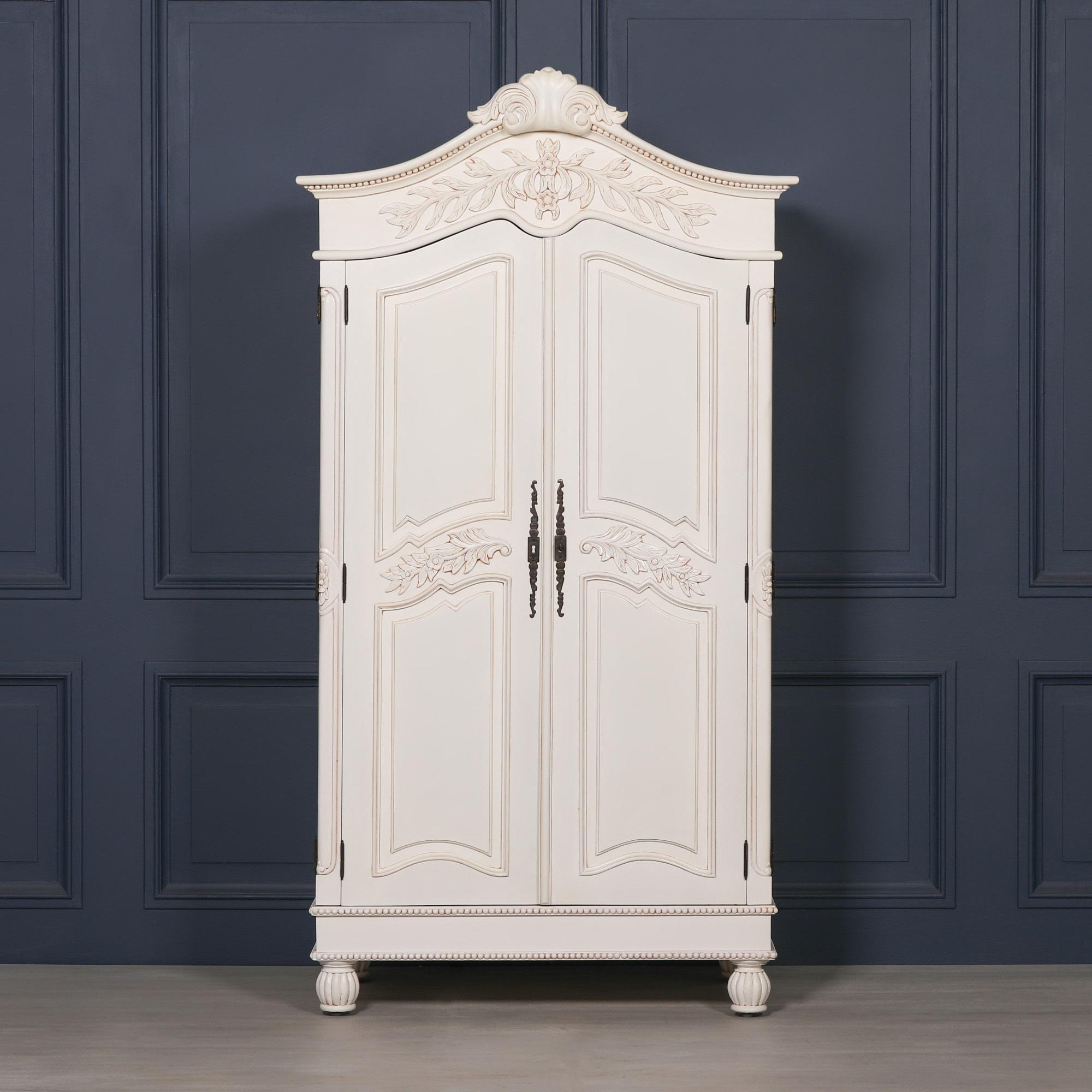 French Style Armoire Wardrobe - Lomira White Carved - 2 Door