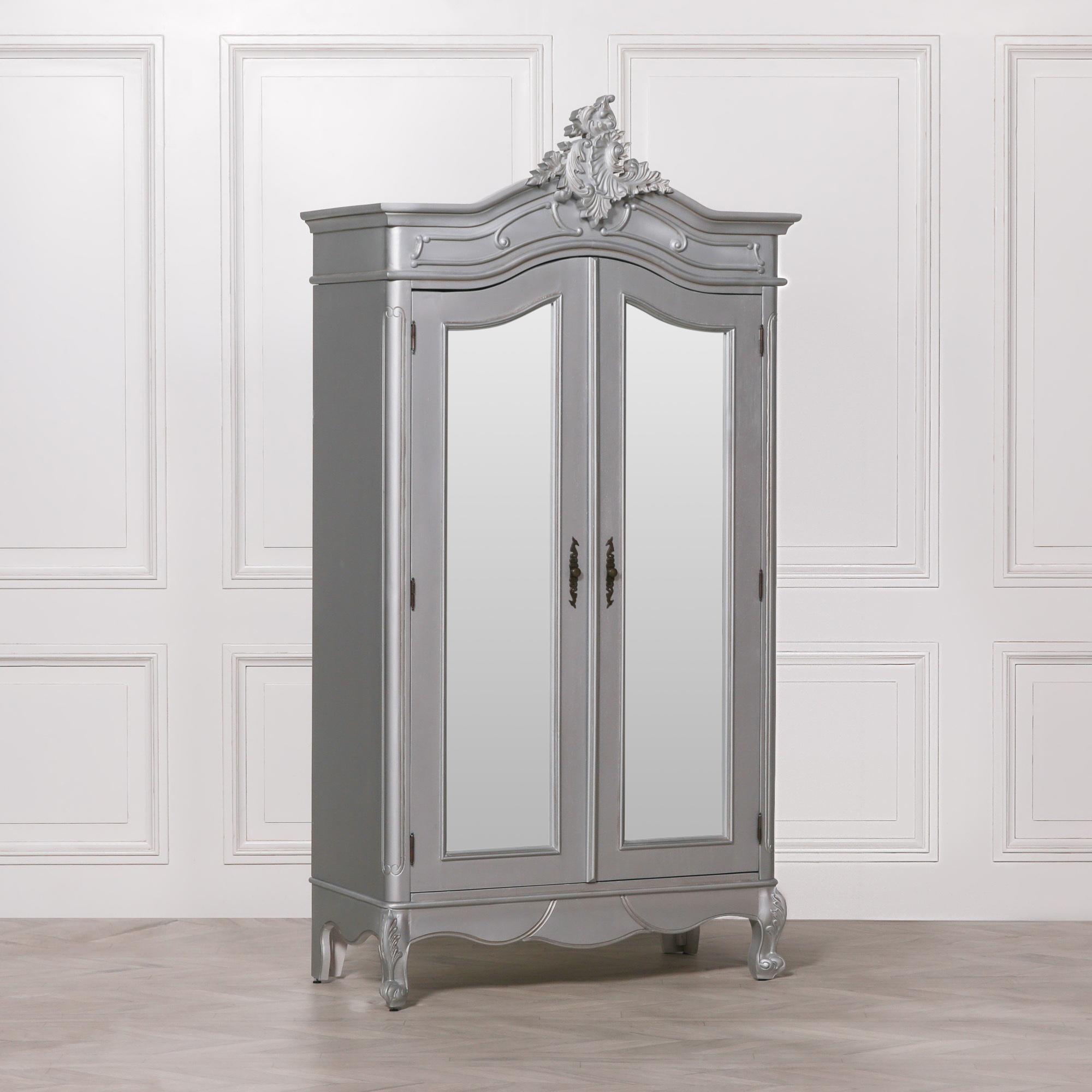 French Style Armoire Wardrobe - Silver Carved - 2 Door Mirror