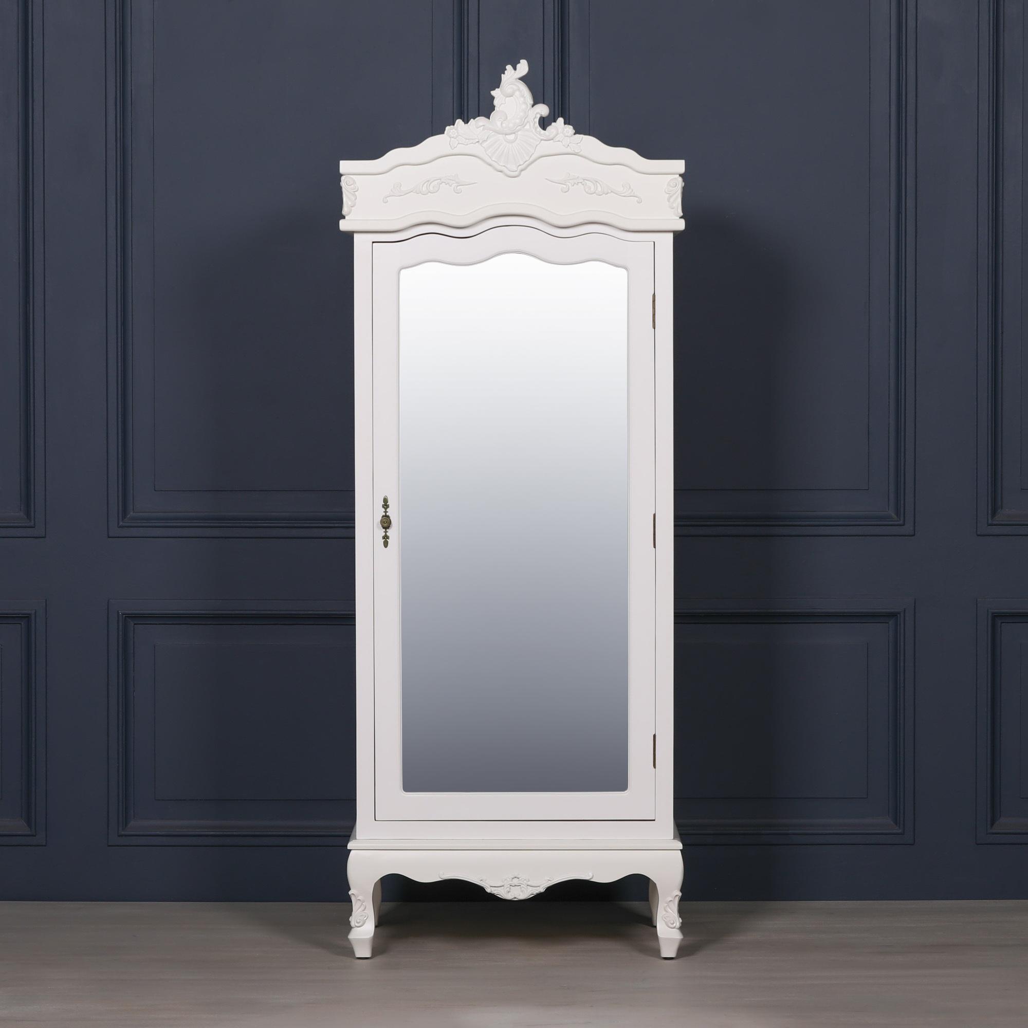 French Style Armoire Wardrobe - White Carved - 1 Door Mirror